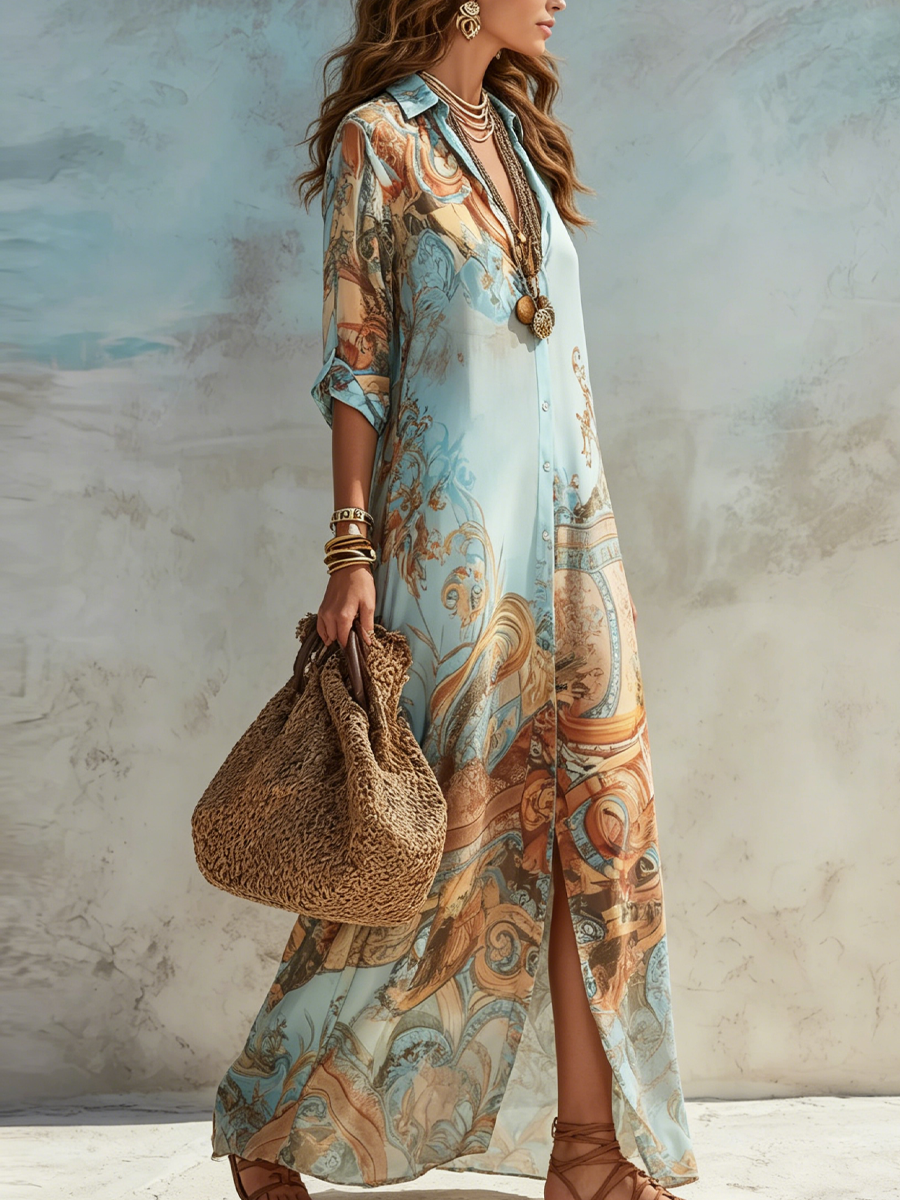 Coralie Baroque Print Shirt Maxi Dress