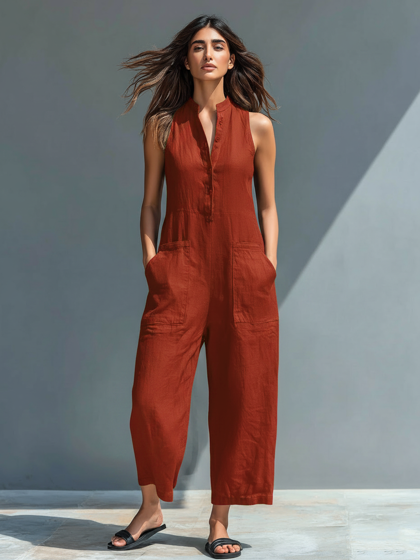 Nora Linen-Blend Button Jumpsuit