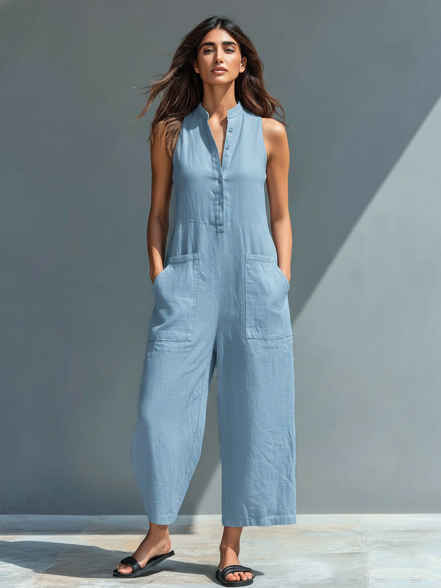Nora Linen-Blend Button Jumpsuit
