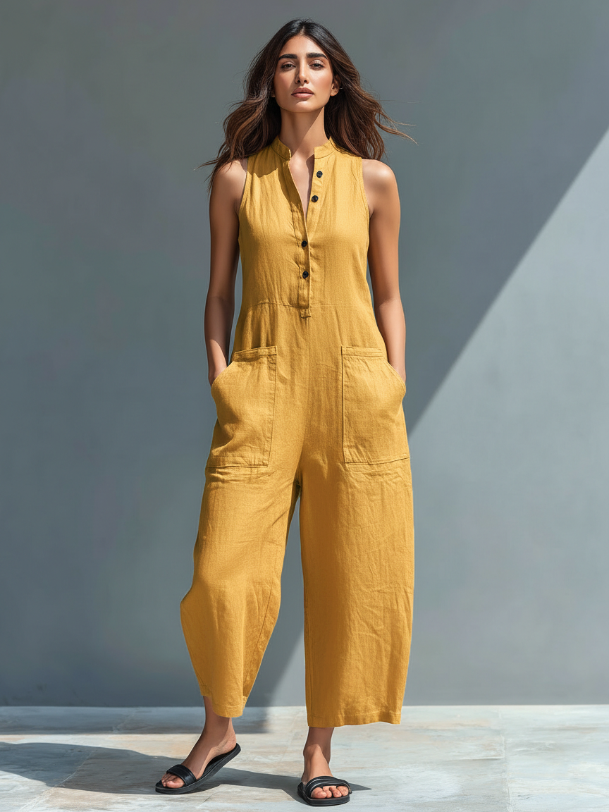 Nora Linen-Blend Button Jumpsuit